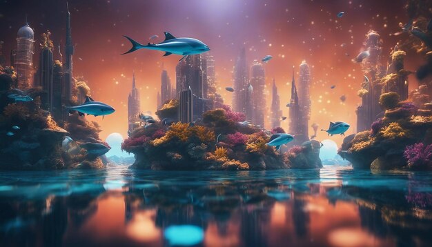 Uma vibrante cidade subaquática com arquitetura futurista, criaturas marinhas e tecnologia avançada.