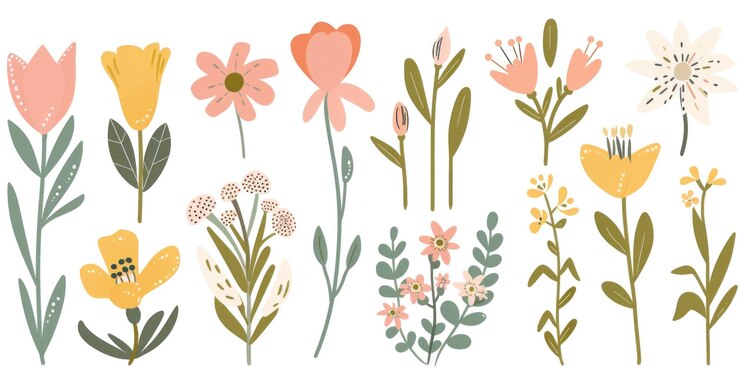 Foto uma vibrante coleção de flores de primavera desenhadas à mão em várias cores e formas em um fundo claro transmitindo uma atmosfera alegre e fresca