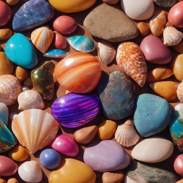 Foto uma vibrante coleção de pedras e conchas espalhadas por uma praia de areia