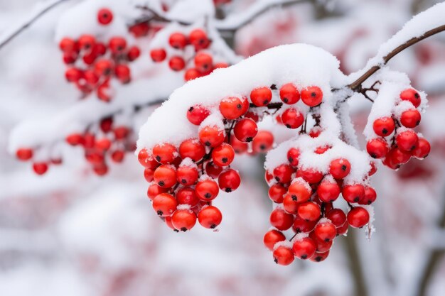 Uma vibrante exibição de bagas vermelhas aninhadas entre a neve recém-caída