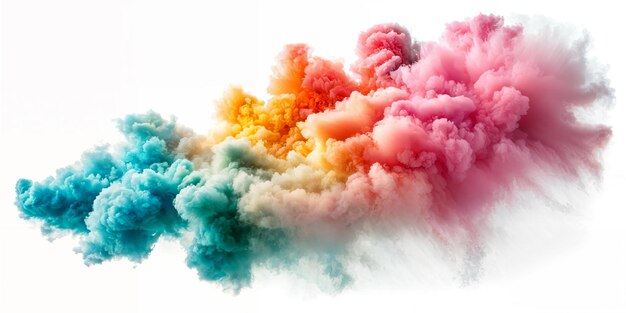Foto uma vibrante explosão de fumaça colorida contra um fundo branco com as cores em transição de rosa para azul e verde