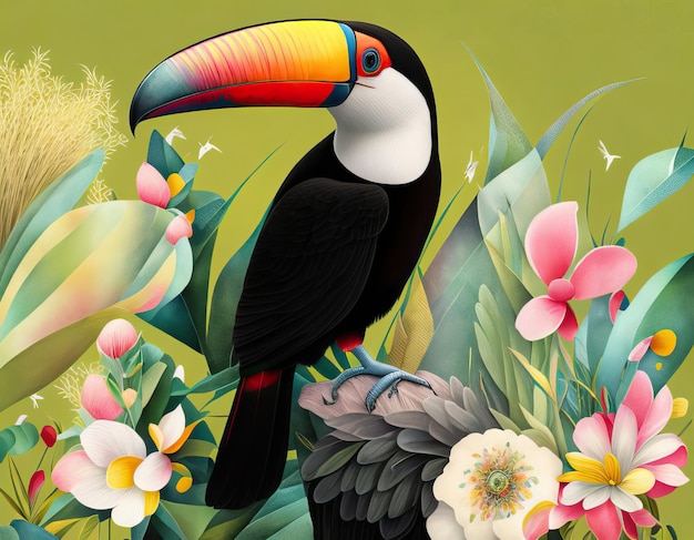 Foto uma vibrante ilustração em aquarela de um bonito tucano cercado por flores coloridas capturando o bea