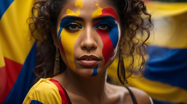 Uma vibrante mulher colombiana pintando orgulhosamente o rosto com as cores fortes da bandeira de seu país