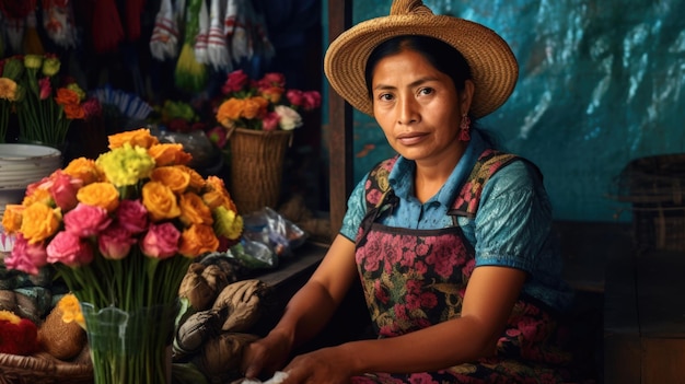 Uma vibrante mulher mexicana adornada com trajes tradicionais que incorporam o espírito vivaz e as ricas tradições que caracterizam a cultura mexicana gerada por IA