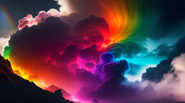 Foto uma vibrante nuvem rodopiante de fumaça iluminada por um espectro de tons de arco-íris