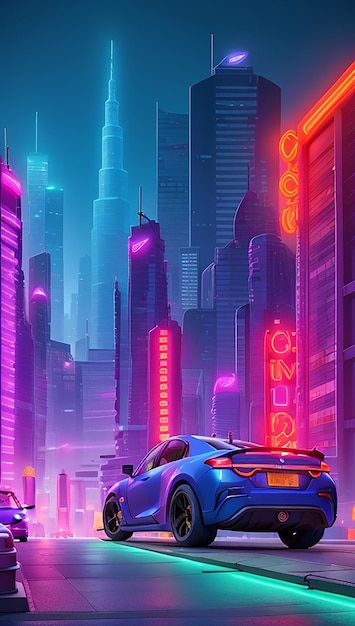 Uma vibrante paisagem urbana iluminada por neon com imponentes arranha-céus e carros voadores