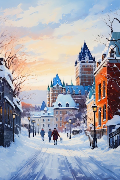 Uma vibrante pintura em aquarela que captura o charme da cidade de Quebec no inverno com ruas cobertas de neve