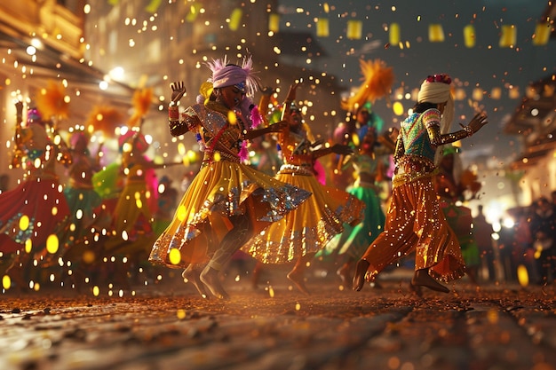 Uma vibrante procissão festiva com dançarinos e mus
