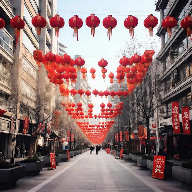 Uma vibrante rua de Xangai adornada para as celebrações do Ano Novo Chinês Lanternas coloridas e decorações festivas criam uma atmosfera animada