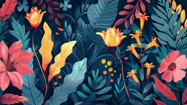 Uma vibrante tapeçaria de exuberante flora ilustrada em uma sinfonia de cores