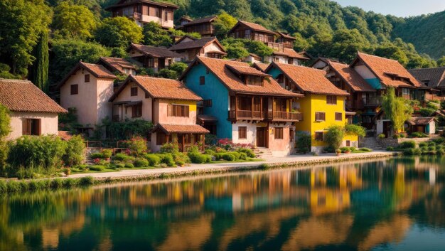 Uma vila à beira do lago sereno