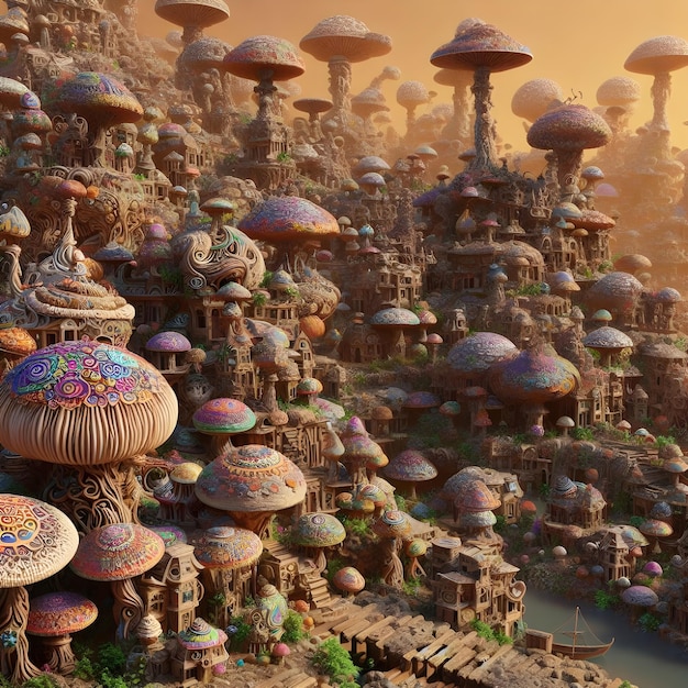 Uma vila complexa feita de cogumelos psicodélicos