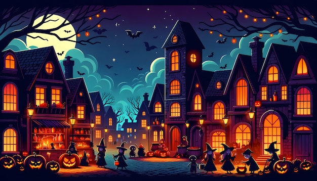 Uma vila de Halloween ao entardecer com bruxas e crianças vestidas de monstros