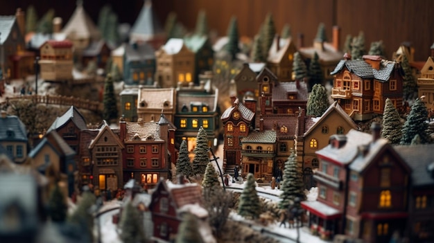 Uma vila em miniatura com neve no chão e uma pequena cidade ao fundo.