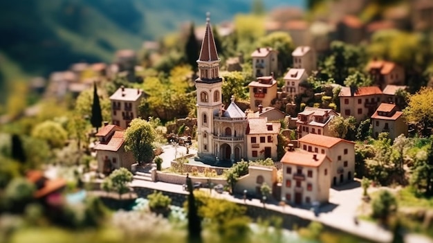 Uma vila em miniatura com uma pequena igreja no topo.