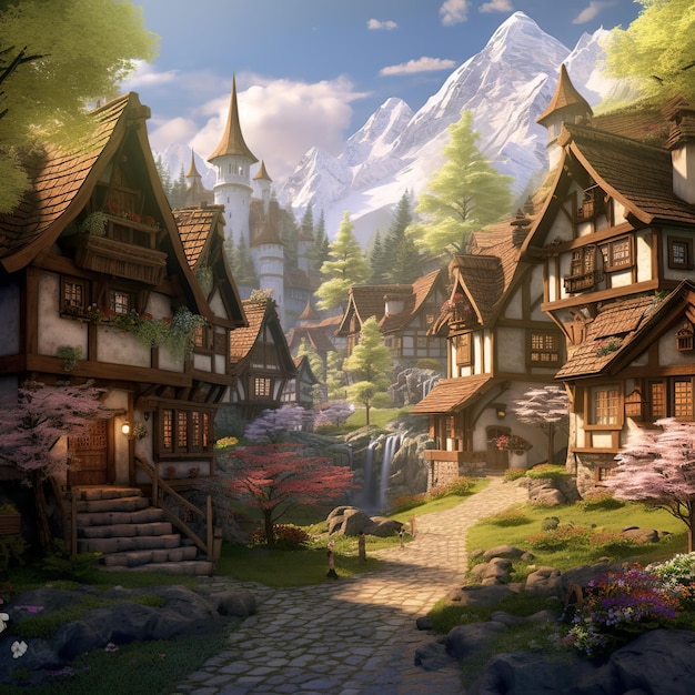 Uma vila encantadora situada em uma ilustração de vale