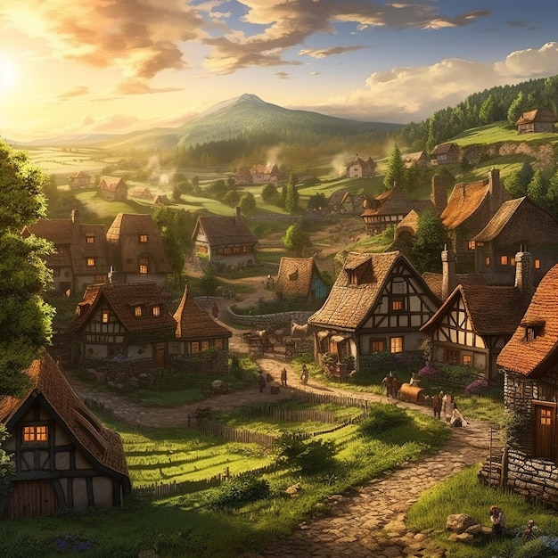Uma vila encantadora situada em uma ilustração de vale