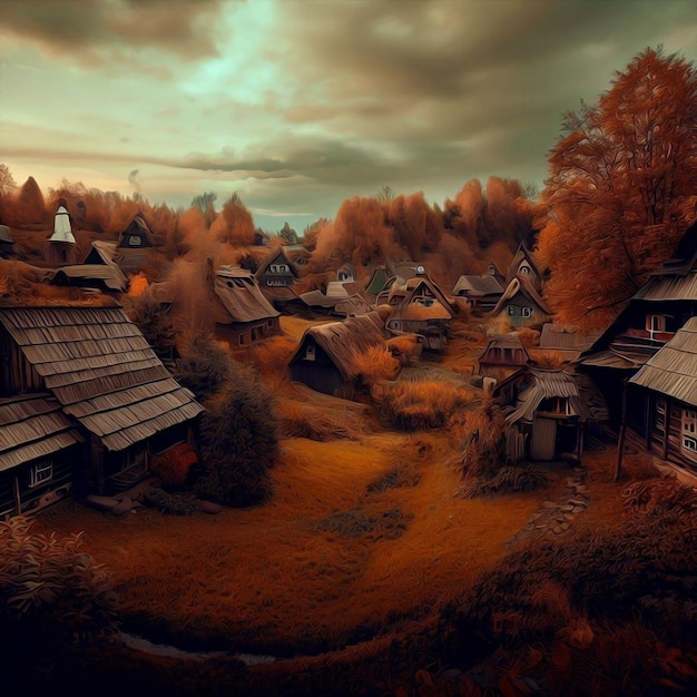 Uma vila na floresta com algumas casas No estilo de pintura a óleo da estação outono