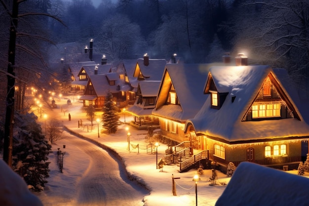 Uma vila nevada na neve