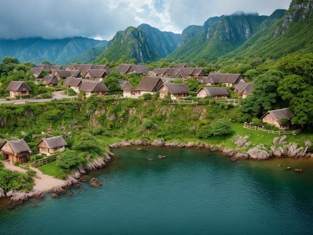 Uma vila perto da água com montanhas ao fundo