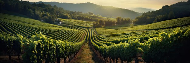 Uma vinha bem cuidada exibindo fileiras ordenadas de videiras Viticultura exuberante Abundância agrícola Linhas de vinhas vegetação beleza pitoresca Gerada por IA