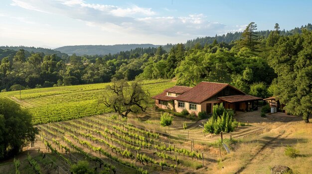 Uma vinha rural serena que produz vinhos orgânicos e promove práticas agrícolas sustentáveis Ilustração gerada pela IA