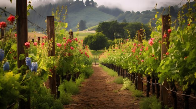 Uma vinha rústica com fileiras de videiras e flores silvestres