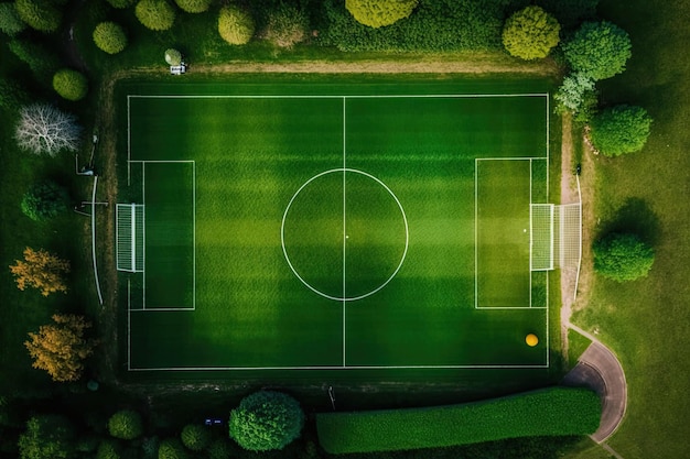 Uma visão aérea de um campo de futebol durante uma partida Generative AI