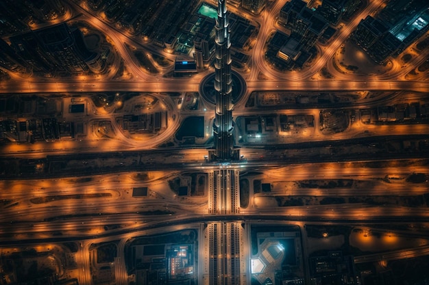 uma visão aérea noturna do Burj Khalifa Dubai vendo na rodovia