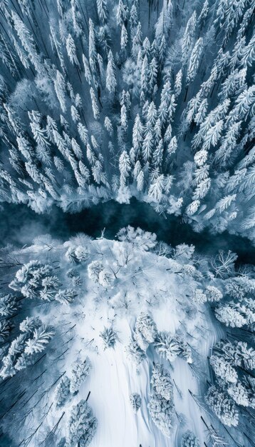 Foto uma visão aérea ultra nítida capturando a deslumbrante paisagem de inverno do topo de uma floresta alpina