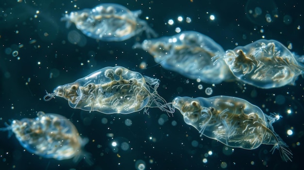 Foto uma visão ampliada de um grupo de tardígrados nadando graciosamente em uma gota de água seus corpos minúsculos