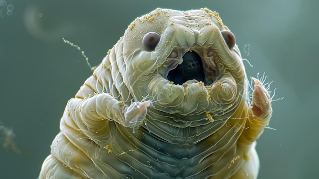 Foto uma visão ampliada de uma boca, dentes e trato digestivo de um tardígrado, dando uma visão de seu único