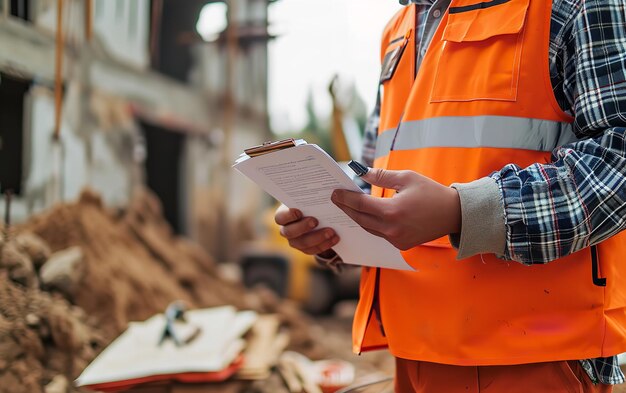 Uma visão aproximada de um engenheiro topógrafo usando uma ferramenta de medição em um espaço de construção IA generativa