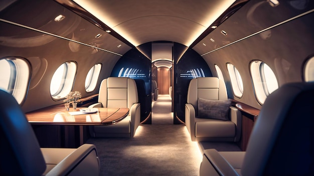 Uma visão aproximada do interior luxuoso e de alta tecnologia de um avião a jato particular futurista