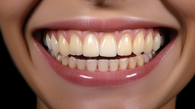 Uma visão aproximada dos dentes com descoloração amarela perceptível, enfatizando a importância do atendimento odontológico e do clareamento dental profissional para um sorriso mais brilhante gerado por IA
