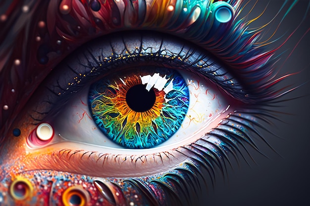 Uma visão aproximada dos olhos revela detalhes intrincados e uma beleza única
