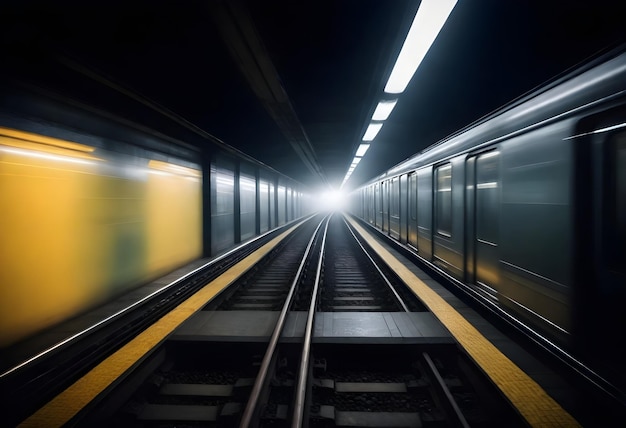 Uma visão borrada de movimento de um túnel de metrô com um trem e trilhos iluminados por iluminação quente