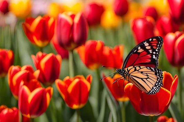 Uma visão cativante de tulipas vermelhas e uma borboleta esvoaçante em um cenário de tulipas vermelhas e amarelas, criando uma exibição vibrante e harmoniosa