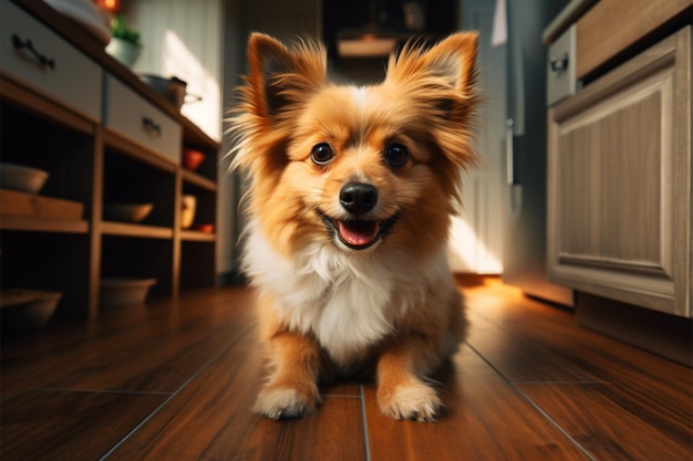 Uma visão comovente de um cão fiel sentado graciosamente no chão da cozinha