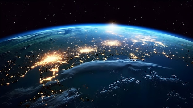 Uma visão da Terra do espaço com as luzes da cidade visíveis.
