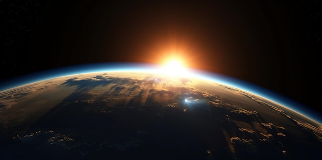 Uma visão da Terra do espaço com o sol se pondo no horizonte.