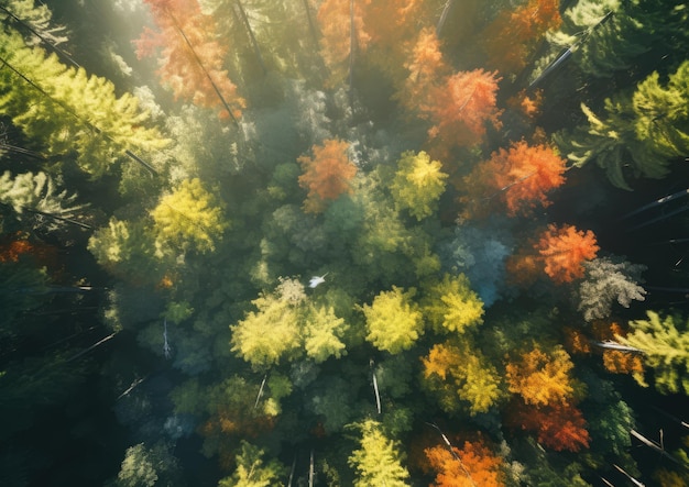 Uma visão de drone de uma vasta floresta com a luz do sol fluindo através da copa e lançando manchas