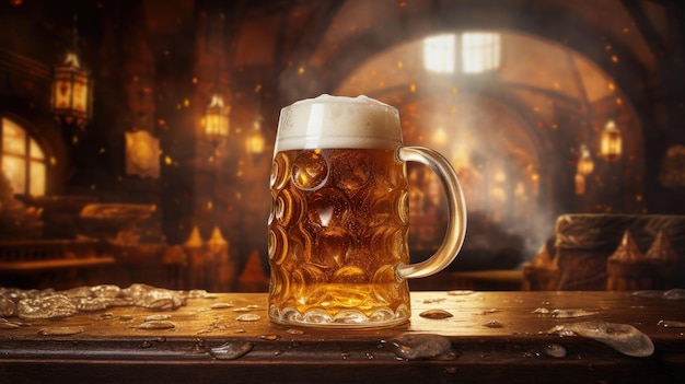 Uma visão de perto de cerveja espumosa dourada em um stein tradicional IA geradora