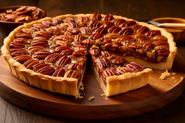 Uma visão de perto de deliciosas fatias de torta de pecan servidas em uma prancha