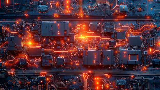 Uma visão de perto de microchips e circuitos eletrônicos