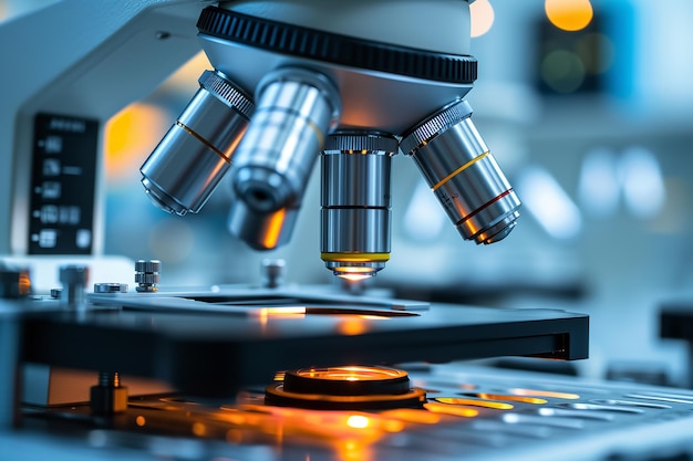 Uma visão de perto de um microscópio de metalens em um laboratório para pesquisa de campo de química e espaço IA gerativa