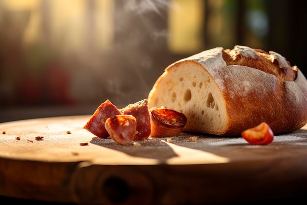 Foto uma visão de perto de uma fatia de pão em uma tábua de madeira