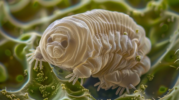 Foto uma visão de perto de uma tardígrada garras ou estruturas especializadas em suas pernas que o ajudam a se agarrar