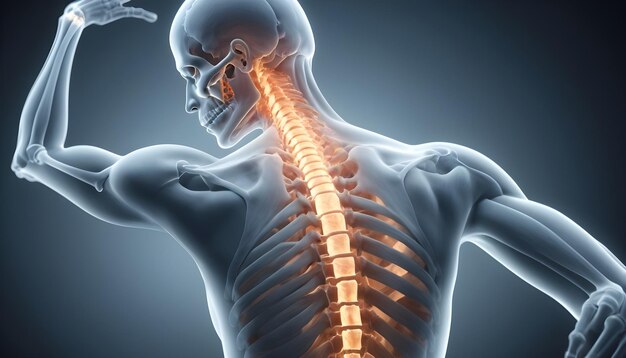 Uma visão de raios-X renderizada em 3D mostrando fraturas de compressão vertebral e instabilidade da coluna vertebral