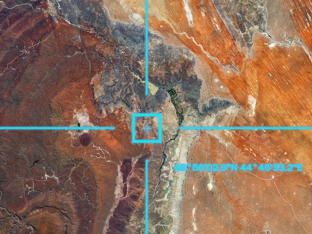 Foto uma visão de satélite na superfície terrestre, geolocalização, coordenadas gps.